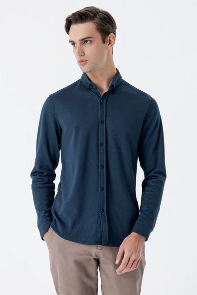 Petrol Mavi Uzun Kollu Örme Cepsiz Pamuklu Casual Slim Fit Gömlek 1004235116