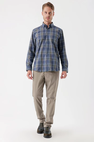 Koyu Lacivert Uzun Kollu Ekoseli Cepli Garnili Pamuklu Klasik Comfort Fit Gömlek 1004235143 - Resim 4