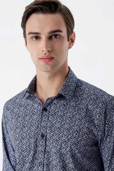 Koyu Lacivert Uzun Kollu Baskılı Cepsiz Pamuklu Likralı Klasik Slim Fit Gömlek 1004235127 - Resim 5