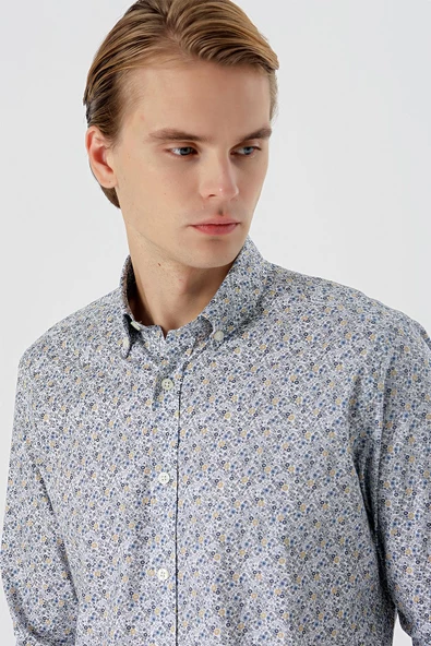 Beyaz Uzun Kollu Baskılı  Düğmeli Yaka Cepsiz  Pamuklu Likralı Klasik Slim Fit Gömlek 1004235126 - Resim 6