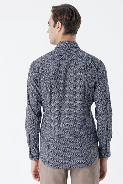 Koyu Lacivert Uzun Kollu Baskılı Cepsiz Pamuklu Likralı Klasik Slim Fit Gömlek 1004235127 - Resim 6