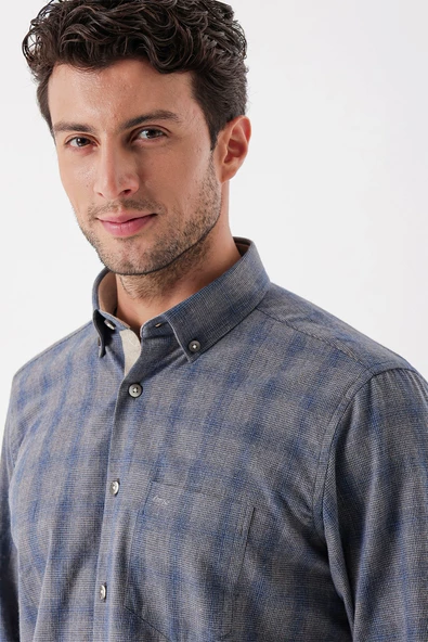 Gri Uzun Kollu Ekoseli Düğmeli Yaka Cepli Garnili Pamuklu Klasik Comfort Fit Gömlek 1004235144 - Resim 5