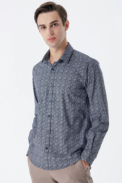 Koyu Lacivert Uzun Kollu Baskılı Cepsiz Pamuklu Likralı Klasik Slim Fit Gömlek 1004235127