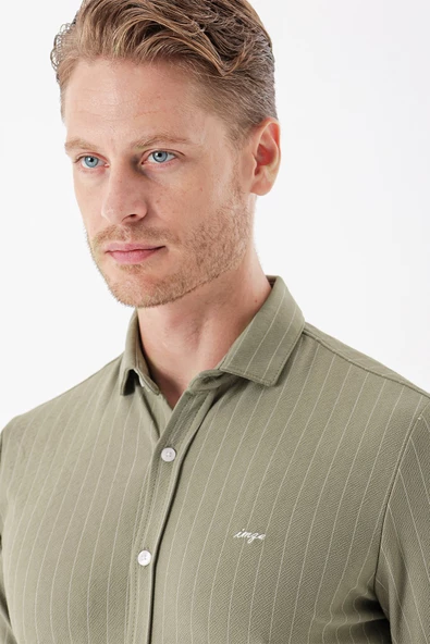 Koyu Haki Uzun Kollu Çizgili Örme Cepsiz Casual Slim Fit Dar Kesim Gömlek 1004235114 - Resim 5