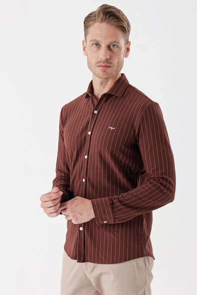 Kiremit Uzun Kollu Çizgili Örme Cepsiz Casual Slim Fit Dar Kesim Gömlek 1004235114