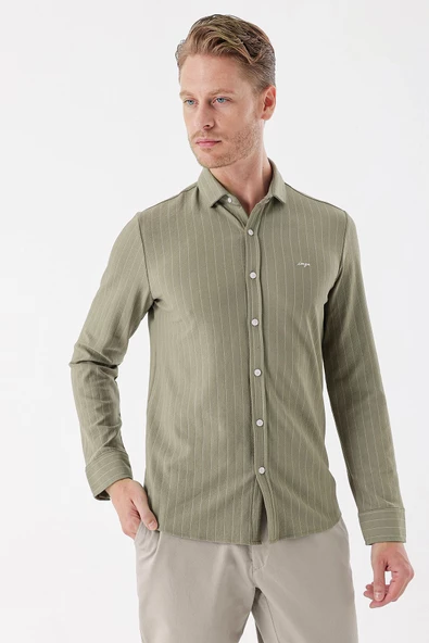 Koyu Haki Uzun Kollu Çizgili Örme Cepsiz Casual Slim Fit Dar Kesim Gömlek 1004235114