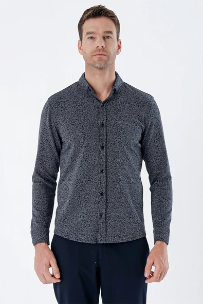 Gri Uzun Kollu Desenli Örme Cepsiz Likralı Casual Slim Fit Dar Kesim Gömlek 1004235115