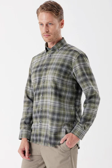 Koyu Haki Uzun Kollu Ekoseli Gabardin Sert Yaka Cepli Garnili Casual Comfort Fit Gömlek 1004235112 - 3