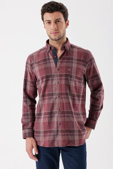 Bordo Uzun Kollu Ekoseli Gabardin Sert Yaka Cepli Garnili Casual Comfort Fit Gömlek 1004235110