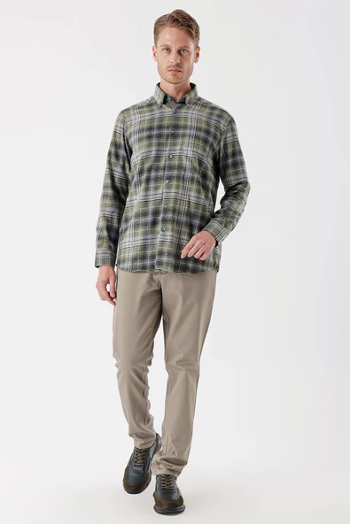 Koyu Haki Uzun Kollu Ekoseli Gabardin Sert Yaka Cepli Garnili Casual Comfort Fit Gömlek 1004235112 - 4