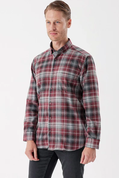 Bordo Uzun Kollu Ekoseli Gabardin Sert Yaka Cepli Garnili Casual Comfort Fit Gömlek 1004235112 - Resim 4