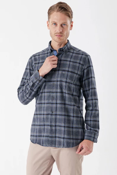 Koyu Lacivert Uzun Kollu Ekoseli Gabardin Cepli Garnili Casual Comfort Fit Gömlek 1004235109 - Resim 2