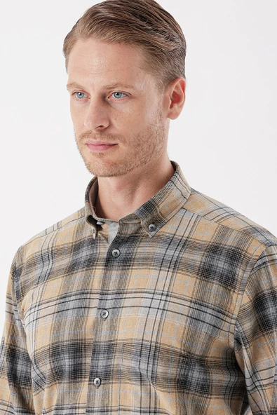 Hardal Uzun Kollu Ekoseli Gabardin Sert Yaka Cepli Garnili Casual Comfort Fit Gömlek 1004235112 - Resim 4