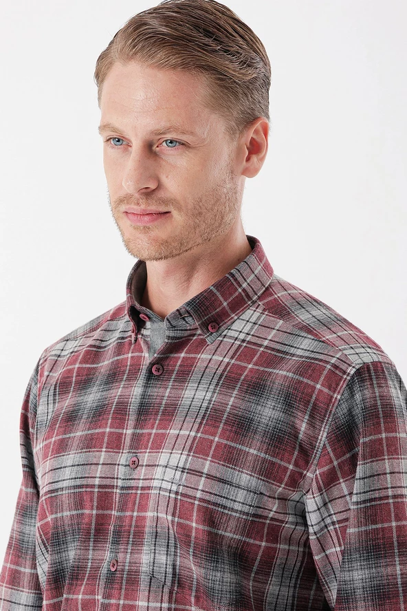 Bordo Uzun Kollu Ekoseli Gabardin Sert Yaka Cepli Garnili Casual Comfort Fit Gömlek 1004235112 - Resim 6