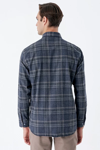 Koyu Lacivert Uzun Kollu Ekoseli Gabardin Cepli Garnili Casual Comfort Fit Gömlek 1004235111 - 6