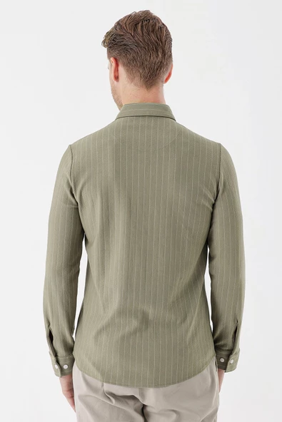 Koyu Haki Uzun Kollu Çizgili Örme Cepsiz Casual Slim Fit Dar Kesim Gömlek 1004235114 - Resim 6