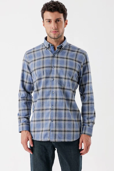 Koyu Mavi Uzun Kollu Ekoseli Gabardin Sert Yaka Cepli Garnili Casual Comfort Fit Gömlek 1004235109