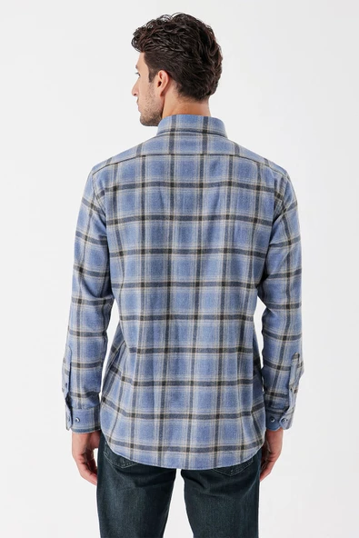 Koyu Mavi Uzun Kollu Ekoseli Gabardin Sert Yaka Cepli Garnili Casual Comfort Fit Gömlek 1004235109 - Resim 4