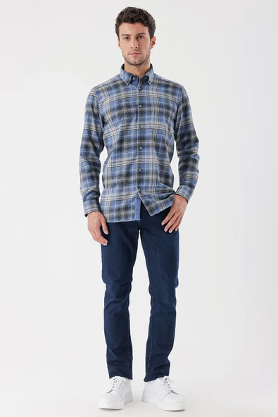 Koyu Mavi Uzun Kollu Ekoseli Gabardin Sert Yaka Cepli Garnili Casual Comfort Fit Gömlek 1004235112 - Resim 4