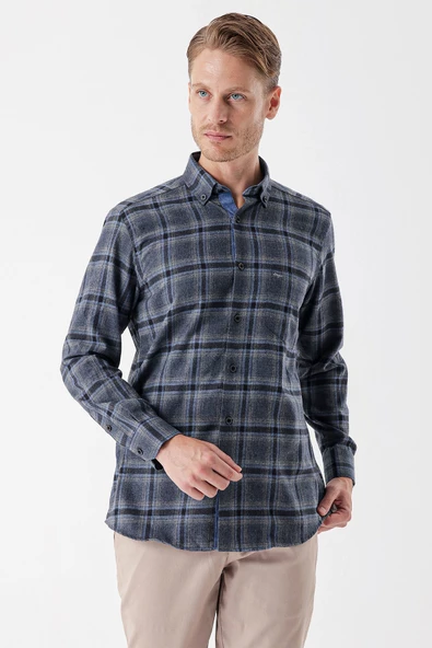 Koyu Lacivert Uzun Kollu Ekoseli Gabardin Cepli Garnili Casual Comfort Fit Gömlek 1004235109