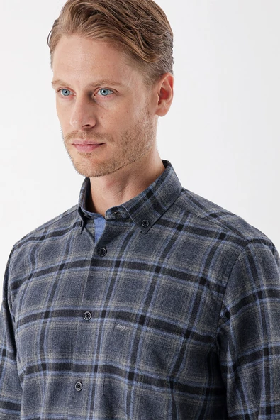 Koyu Lacivert Uzun Kollu Ekoseli Gabardin Cepli Garnili Casual Comfort Fit Gömlek 1004235109 - Resim 5