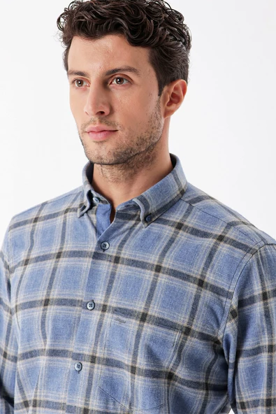 Koyu Mavi Uzun Kollu Ekoseli Gabardin Sert Yaka Cepli Garnili Casual Comfort Fit Gömlek 1004235109 - Resim 2