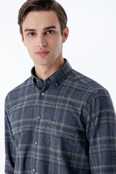 Koyu Lacivert Uzun Kollu Ekoseli Gabardin Cepli Garnili Casual Comfort Fit Gömlek 1004235111 - 5