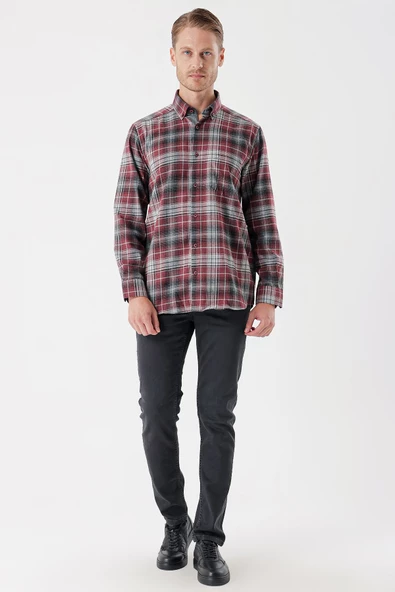 Bordo Uzun Kollu Ekoseli Gabardin Sert Yaka Cepli Garnili Casual Comfort Fit Gömlek 1004235112 - Resim 5