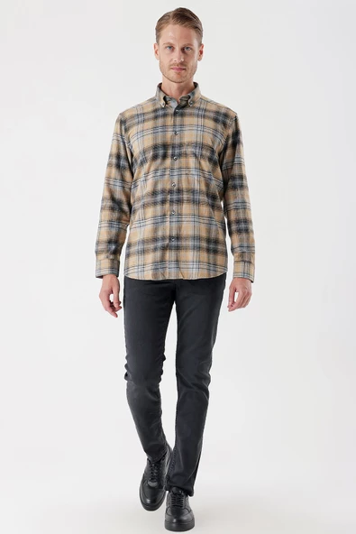 Hardal Uzun Kollu Ekoseli Gabardin Sert Yaka Cepli Garnili Casual Comfort Fit Gömlek 1004235112 - Resim 2