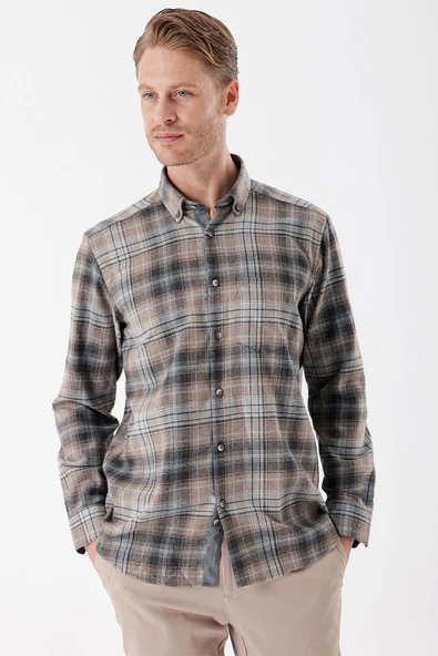 Koyu Vizon Uzun Kollu Ekoseli Gabardin Sert Yaka Cepli Garnili Casual Comfort Fit Gömlek 1004235112 - Resim 4