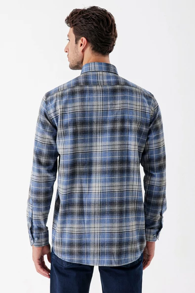 Koyu Mavi Uzun Kollu Ekoseli Gabardin Sert Yaka Cepli Garnili Casual Comfort Fit Gömlek 1004235112 - Resim 6