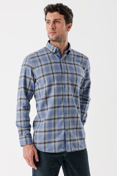 Koyu Mavi Uzun Kollu Ekoseli Gabardin Sert Yaka Cepli Garnili Casual Comfort Fit Gömlek 1004235109 - Resim 5