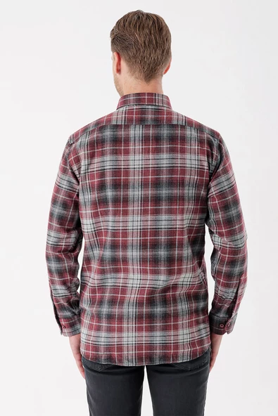 Bordo Uzun Kollu Ekoseli Gabardin Sert Yaka Cepli Garnili Casual Comfort Fit Gömlek 1004235112 - Resim 7