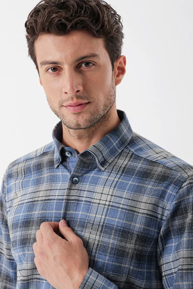 Koyu Mavi Uzun Kollu Ekoseli Gabardin Sert Yaka Cepli Garnili Casual Comfort Fit Gömlek 1004235112 - Resim 5