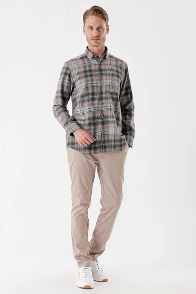 Koyu Vizon Uzun Kollu Ekoseli Gabardin Sert Yaka Cepli Garnili Casual Comfort Fit Gömlek 1004235112 - Resim 5