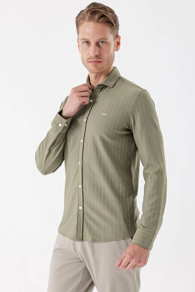 Koyu Haki Uzun Kollu Çizgili Örme Cepsiz Casual Slim Fit Dar Kesim Gömlek 1004235114 - Resim 2