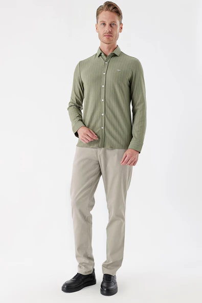 Koyu Haki Uzun Kollu Çizgili Örme Cepsiz Casual Slim Fit Dar Kesim Gömlek 1004235114 - Resim 3