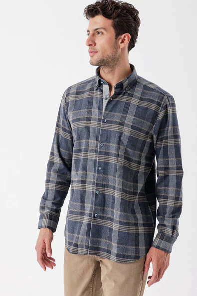 Koyu Lacivert Uzun Kollu Ekoseli Gabardin Cepli Garnili Casual Comfort Fit Gömlek 1004235110