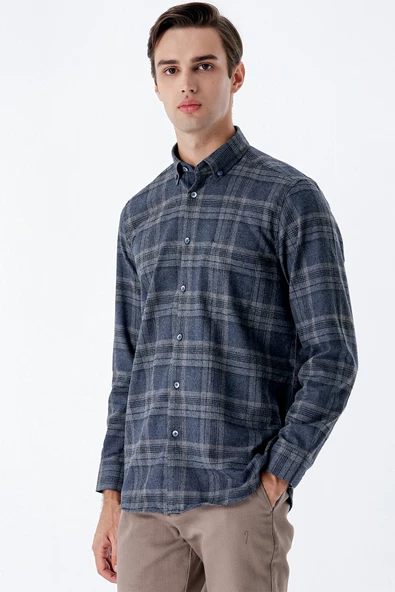 Koyu Lacivert Uzun Kollu Ekoseli Gabardin Cepli Garnili Casual Comfort Fit Gömlek 1004235111