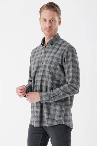 Siyah Uzun Kollu Ekoseli Gabardin Sert Yaka Cepli Casual Comfort Fit Gömlek 1004235113 - 4