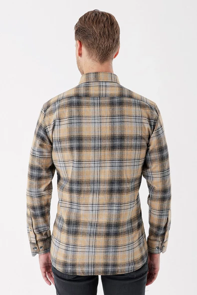 Hardal Uzun Kollu Ekoseli Gabardin Sert Yaka Cepli Garnili Casual Comfort Fit Gömlek 1004235112 - Resim 6