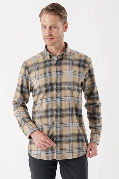 Hardal Uzun Kollu Ekoseli Gabardin Sert Yaka Cepli Garnili Casual Comfort Fit Gömlek 1004235112 - Resim 3