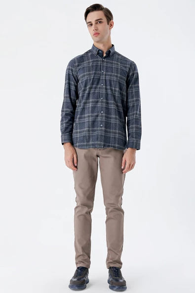 Koyu Lacivert Uzun Kollu Ekoseli Gabardin Cepli Garnili Casual Comfort Fit Gömlek 1004235111 - 4