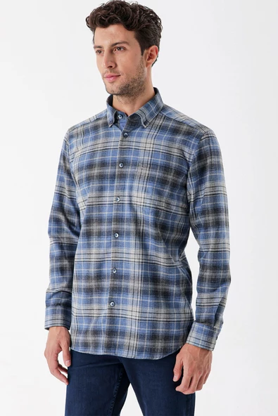 Koyu Mavi Uzun Kollu Ekoseli Gabardin Sert Yaka Cepli Garnili Casual Comfort Fit Gömlek 1004235112 - Resim 2