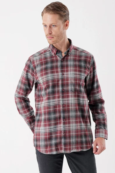 Bordo Uzun Kollu Ekoseli Gabardin Sert Yaka Cepli Garnili Casual Comfort Fit Gömlek 1004235112 - Resim 2