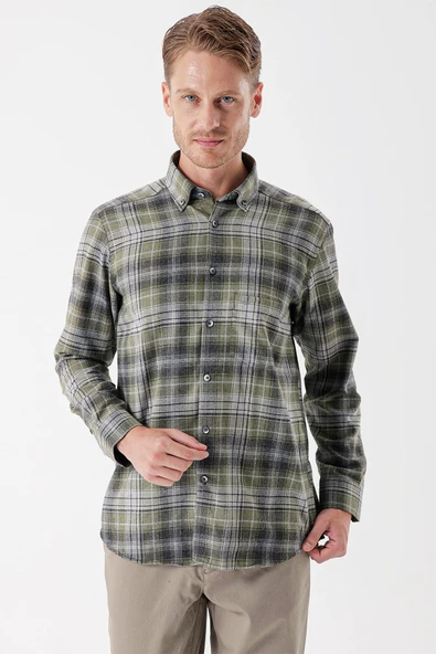 Koyu Haki Uzun Kollu Ekoseli Gabardin Sert Yaka Cepli Garnili Casual Comfort Fit Gömlek 1004235112 - 2