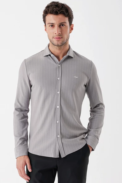 Gri Uzun Kollu Çizgili Örme Cepsiz Casual Slim Fit Dar Kesim Gömlek 1004235114