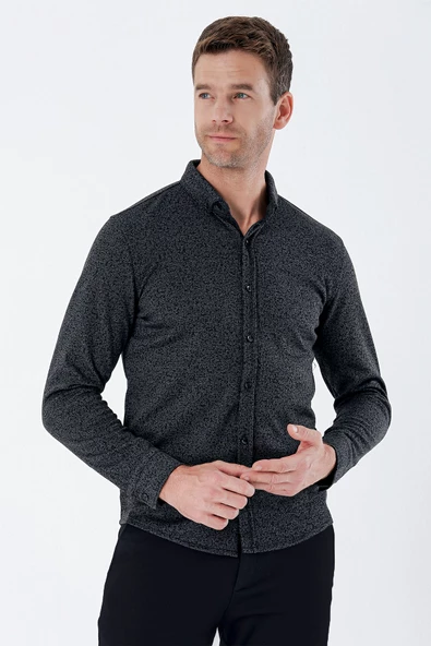 Siyah Uzun Kollu Desenli Örme Cepsiz Likralı Casual Slim Fit Dar Kesim Gömlek 1004235115