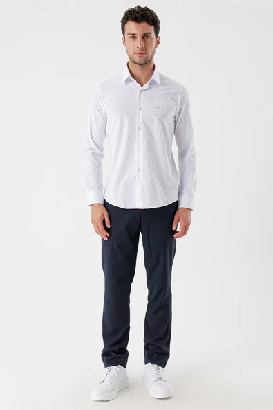 Beyaz Uzun Kollu Baskılı Bez Ayağı Sert Yaka Cepsiz Garnili Klasik Slim Fit Gömlek 1004235106 - Resim 4