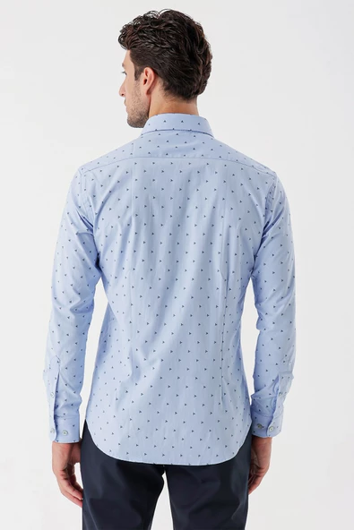 Koyu Mavi Uzun Kollu Baskılı Bez Ayağı Sert Yaka Cepsiz Garnili Klasik Slim Fit Gömlek 1004235106 - Resim 6